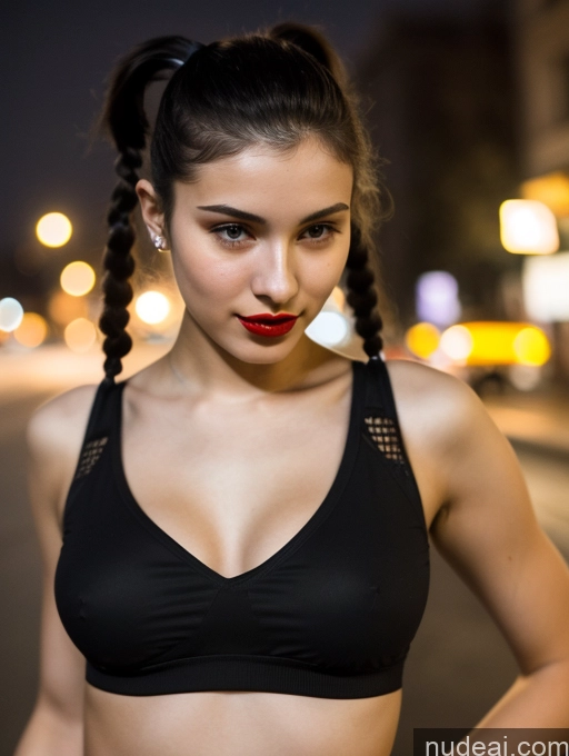 ai nude image of arafed woman in a black sports bra top standing on a street pics of Small Tits Beautiful Lipstick Skinny 18 Black Hair Russian Close-up View Model Dark Lighting Pigtails Crop Top Street