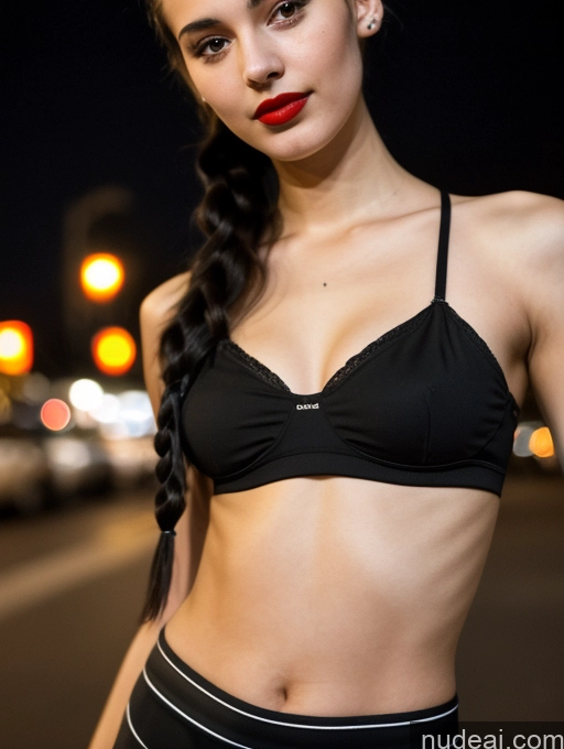 ai nude image of arafed woman in a black bra top and striped shorts pics of Small Tits Beautiful Lipstick Skinny 18 Black Hair Russian Close-up View Model Dark Lighting Pigtails Crop Top Street