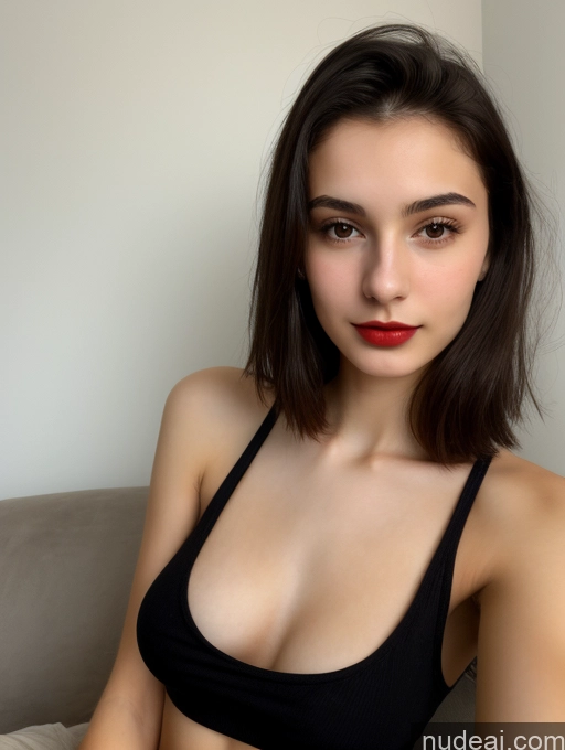 ai nude image of arafed woman in a black bra top sitting on a couch pics of Small Tits Beautiful Skinny 18 Lipstick Black Hair Russian Close-up View Tank Top Straight