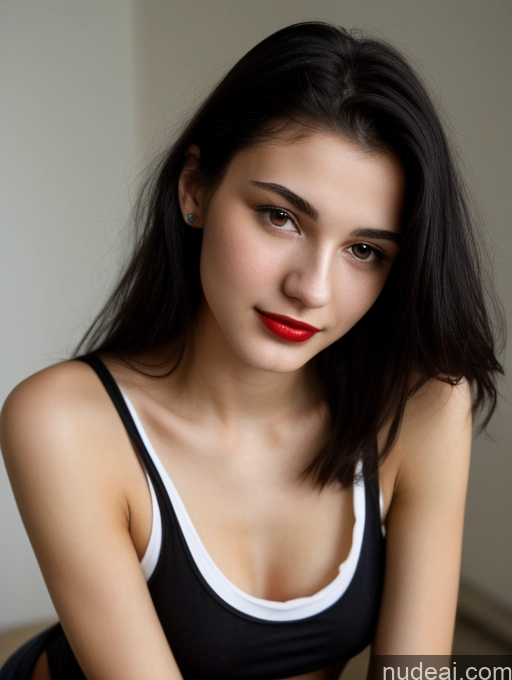 ai nude image of there is a woman with a red lipstick posing for a picture pics of Small Tits Beautiful Skinny 18 Lipstick Black Hair Russian Close-up View Tank Top Straight