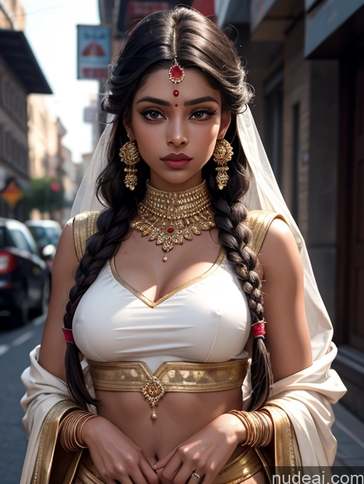 ai nude image of araffe woman in a white and gold outfit posing for a picture pics of Skinny Perfect Body Perfect Boobs Dark Skin Tanned Skin Huge Sagging Breasts 18 Ginger Braided Indian Street Sari Salwar Model Detailed Dark Lighting Gold Jewelry Traditional Wedding Sad Serious