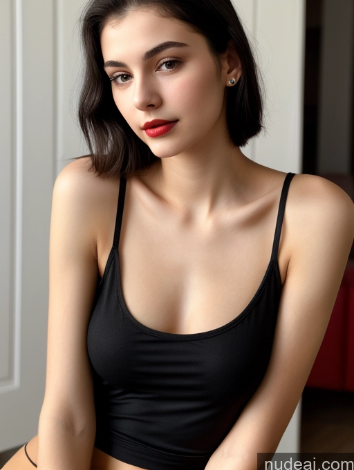 ai nude image of arafed woman in a black top sitting on a chair pics of Small Tits Beautiful Skinny 18 Lipstick Black Hair Russian Close-up View Tank Top Straight