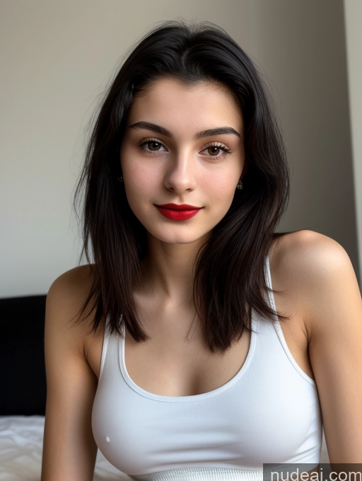 ai nude image of arafed woman in white top sitting on bed with red lipstick pics of Small Tits Beautiful Skinny 18 Lipstick Black Hair Russian Close-up View Tank Top Straight