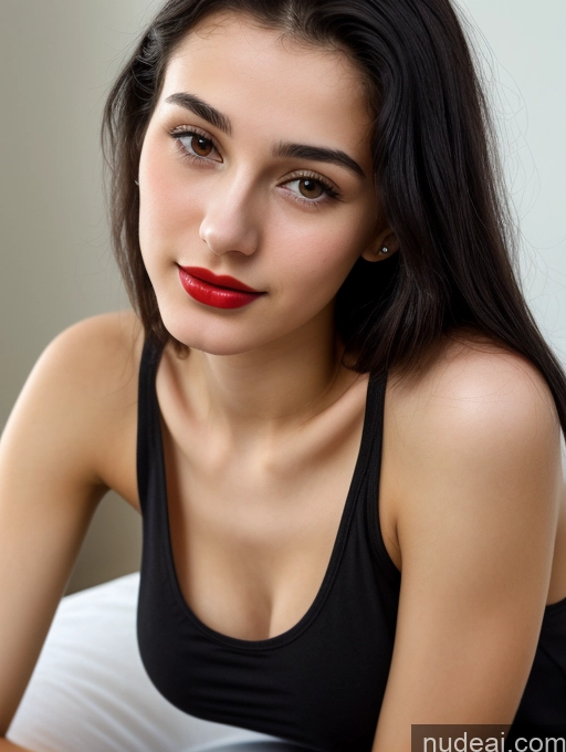 ai nude image of arafed woman with red lipstick and black tank top sitting on bed pics of Small Tits Beautiful Skinny 18 Lipstick Black Hair Russian Close-up View Tank Top Straight