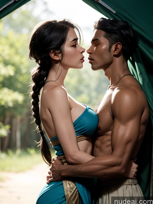 ai nude image of they are a couple kissing in a tent in the woods pics of Woman + Man Skinny Perfect Boobs Perfect Body Tanned Skin Dark Skin Pubic Hair Huge Sagging Breasts 18 Sad Serious Braided Indian Tent Side View Licking Oral Sari Salwar Dark Lighting Alternative Two