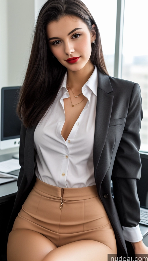 ai nude image of arafed woman in a business suit sitting on a desk pics of Small Tits Beautiful Skinny 18 Lipstick Black Hair Russian Close-up View Straight Suit Office Shirt