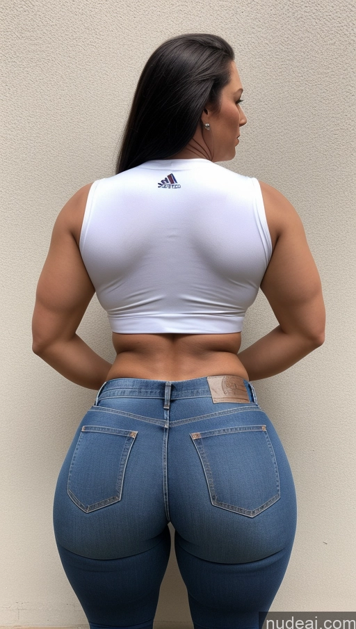 ai nude image of arafed woman in a white top and jeans standing against a wall pics of Athlete Big Ass Big Hips Jeans