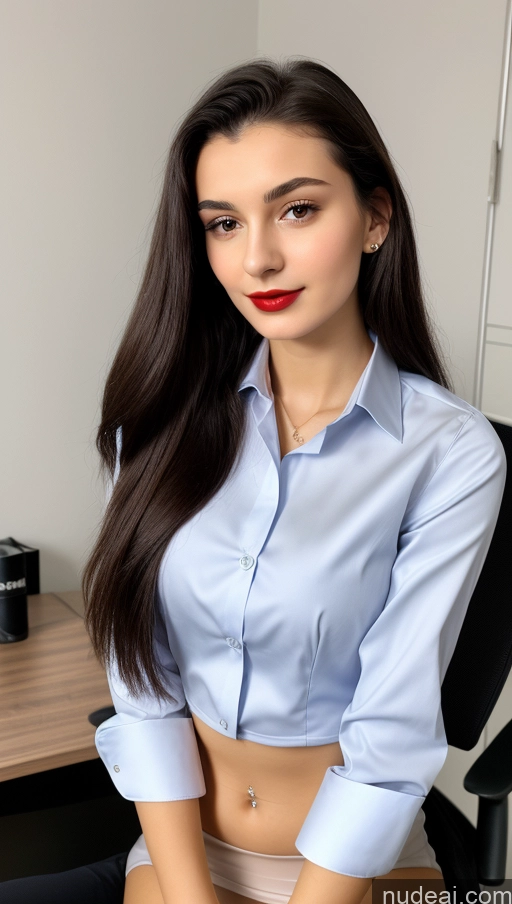 ai nude image of arafed woman sitting in a chair with a blue shirt on pics of Small Tits Beautiful Skinny 18 Lipstick Black Hair Russian Close-up View Straight Suit Office Shirt Secretary