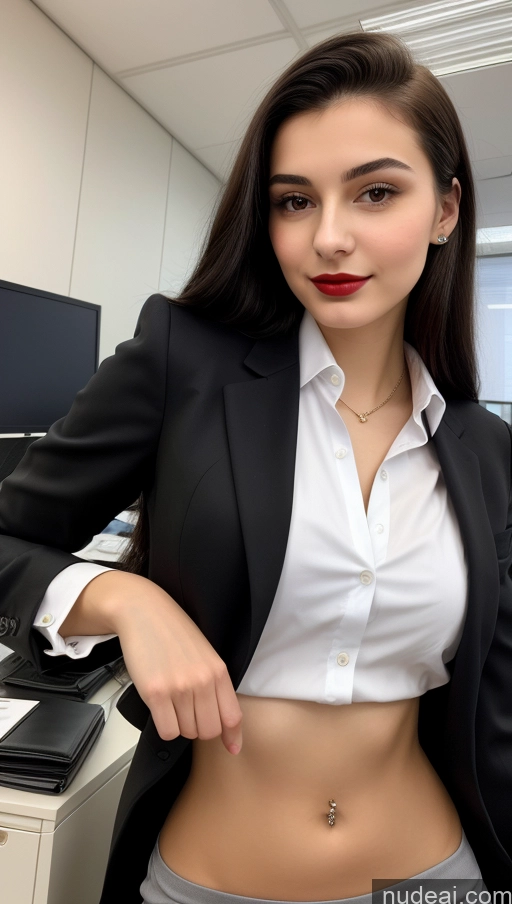 ai nude image of there is a woman in a suit posing for a picture pics of Small Tits Beautiful Skinny 18 Lipstick Black Hair Russian Close-up View Straight Suit Office Shirt Secretary