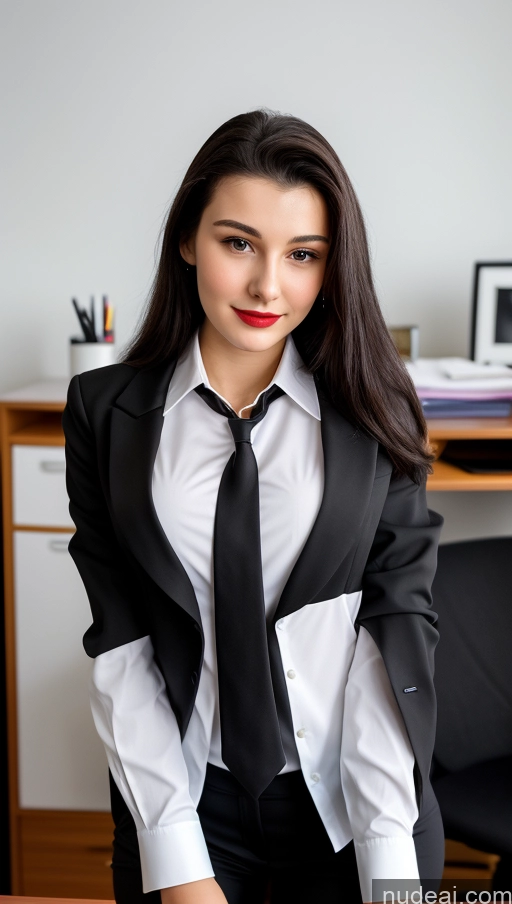 ai nude image of there is a woman in a suit and tie standing in an office pics of Small Tits Beautiful Skinny 18 Lipstick Black Hair Russian Close-up View Straight Suit Office Shirt Secretary