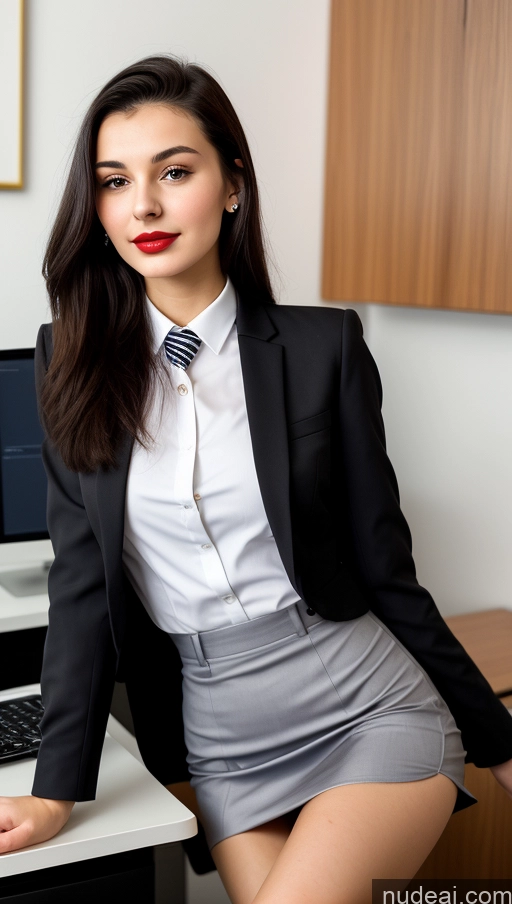 ai nude image of there is a woman in a short skirt and a suit posing for a picture pics of Small Tits Beautiful Skinny 18 Lipstick Black Hair Russian Close-up View Straight Suit Office Shirt Secretary