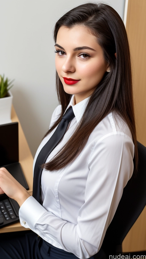 ai nude image of woman in white shirt and tie sitting at desk with laptop pics of Small Tits Beautiful Skinny 18 Lipstick Black Hair Russian Close-up View Straight Suit Office Shirt Secretary