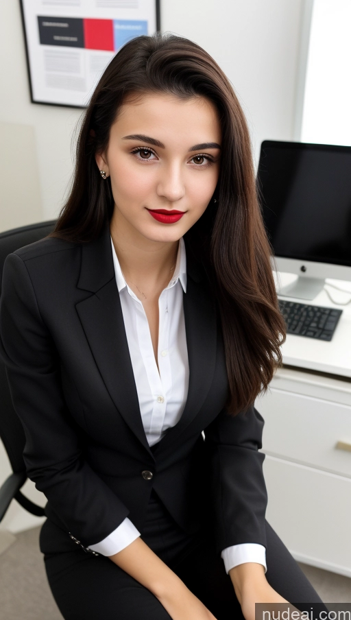 ai nude image of woman in black suit sitting in front of a computer desk pics of Small Tits Beautiful Skinny 18 Lipstick Black Hair Russian Close-up View Straight Suit Office Shirt Secretary