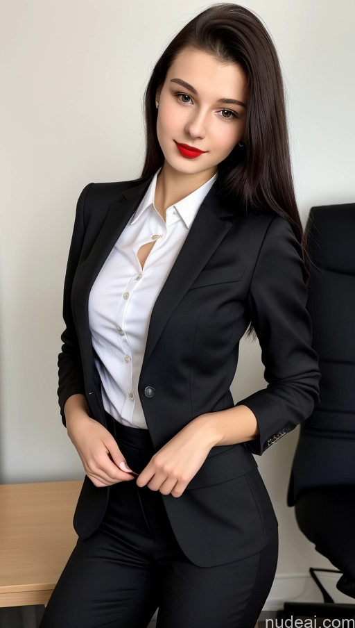 ai nude image of there is a woman in a black suit posing for a picture pics of Small Tits Beautiful Skinny 18 Lipstick Black Hair Russian Close-up View Straight Suit Office Shirt Secretary