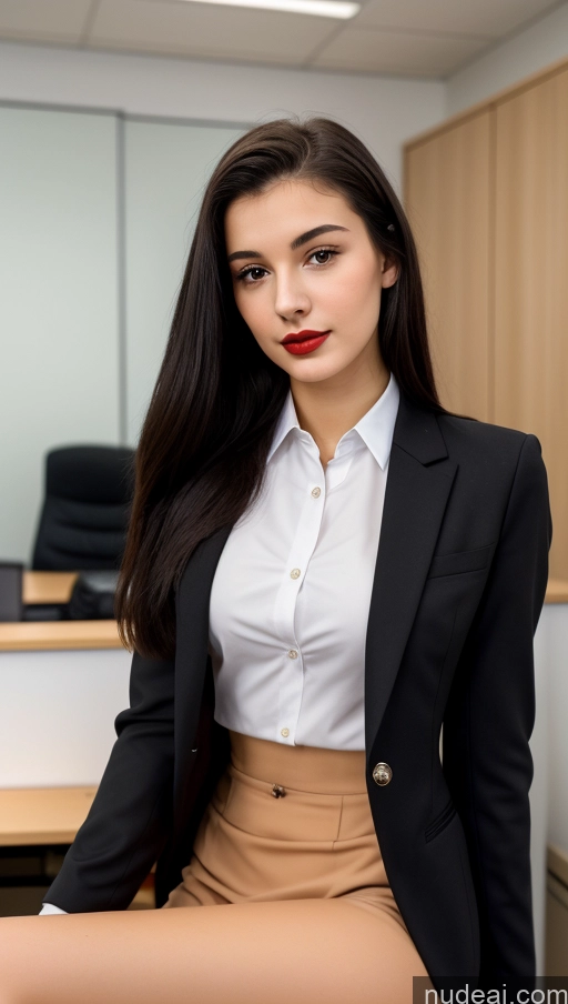 ai nude image of arafed woman in a black jacket and tan skirt posing for a picture pics of Small Tits Beautiful Skinny 18 Lipstick Black Hair Russian Close-up View Straight Suit Office Shirt Secretary