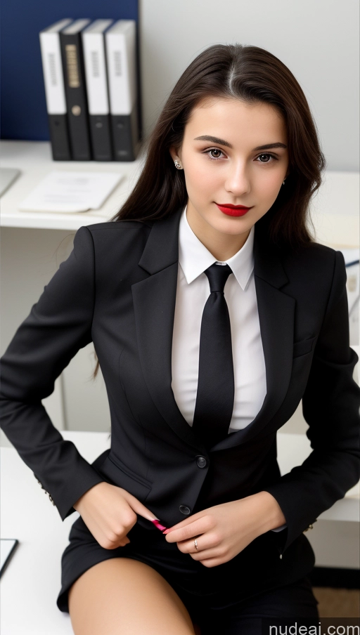 ai nude image of there is a woman in a suit and tie sitting on a desk pics of Small Tits Beautiful Skinny 18 Lipstick Black Hair Russian Close-up View Straight Suit Office Shirt Secretary