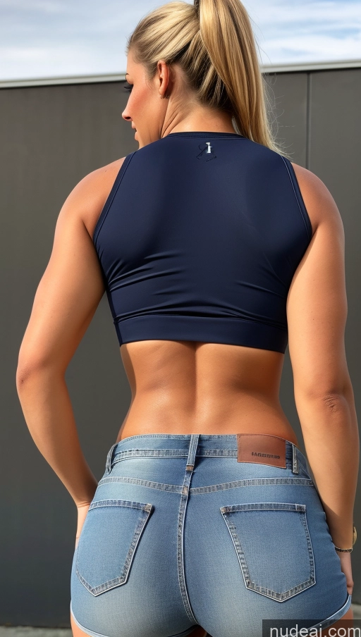 ai nude image of arafed woman in a blue top and jeans shorts standing on a sidewalk pics of Athlete Big Ass Big Hips Jeans Short Shorts