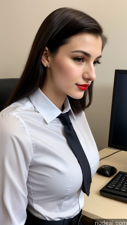 ai nude image of there is a woman in a white shirt and black tie pics of Small Tits Beautiful Skinny 18 Lipstick Black Hair Russian Close-up View Straight Suit Office Shirt Secretary