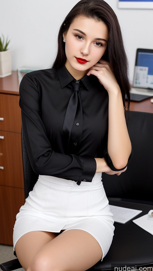 ai nude image of arafed woman sitting on a chair in a black shirt and white skirt pics of Small Tits Beautiful Skinny 18 Lipstick Black Hair Russian Close-up View Straight Suit Office Shirt Secretary