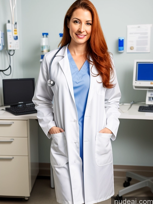 ai nude image of arafed woman in a lab coat standing in front of a computer pics of Woman One Perfect Body Fairer Skin 40s Orgasm Ginger Long Hair Latina Hospital Front View Spreading Legs Doctor Lab Coat