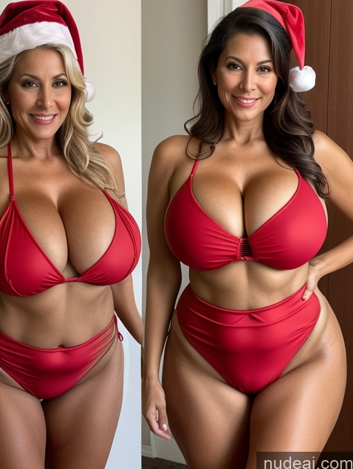 ai nude image of arafed woman in a santa hat and red bikini posing for a picture pics of Milf One Busty Huge Boobs Tanned Skin Brazilian Front View Microkini Professor Thong 60s Santa