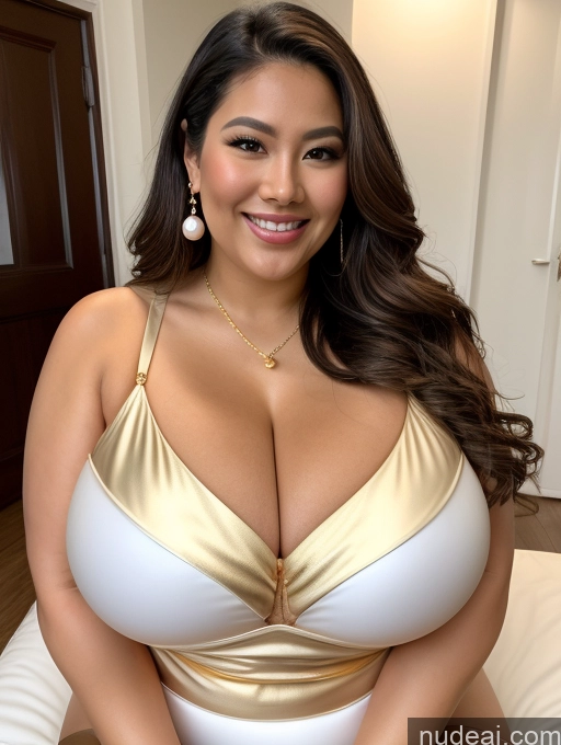 ai nude image of araffed woman in a gold and white dress sitting on a bed pics of Model Busty Huge Boobs Beautiful Happy 30s Filipina Close-up View One Piece Swimsuit Cleavage Gold Jewelry Jewelry Pearl Jewelry Diamond Jewelry Abs Thick Chubby Fat