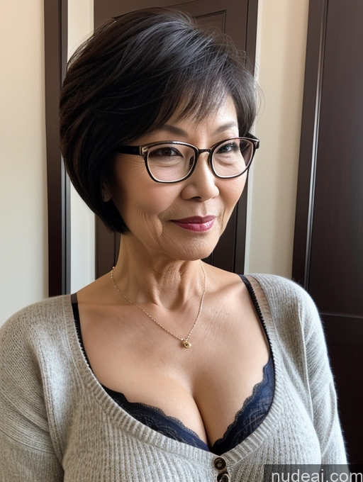 ai nude image of there is a woman with glasses and a sweater posing for a picture pics of Milf Two Perfect Boobs Beautiful Glasses Perfect Body 70s Sexy Face Short Hair Chinese Bra Casual Professor Sweater Cleavage Dark Lighting Detailed