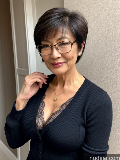 ai nude image of there is a woman with glasses and a black top posing for a picture pics of Milf Two Perfect Boobs Beautiful Glasses Perfect Body 70s Sexy Face Short Hair Chinese Bra Casual Professor Sweater Cleavage Dark Lighting Detailed