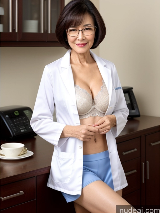 ai nude image of arafed woman in a lab coat and panties posing for a picture pics of Milf Two Perfect Boobs Beautiful Glasses Perfect Body 70s Sexy Face Short Hair Chinese Bra Casual Doctor Lab Coat Cleavage Dark Lighting Detailed