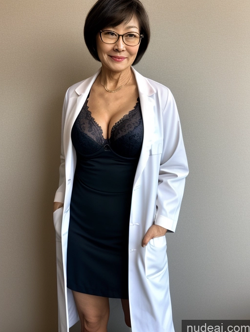 ai nude image of arafed woman in a black dress and white coat posing for a picture pics of Milf Two Perfect Boobs Beautiful Glasses Perfect Body 70s Sexy Face Short Hair Chinese Bra Casual Doctor Lab Coat Cleavage Dark Lighting Detailed