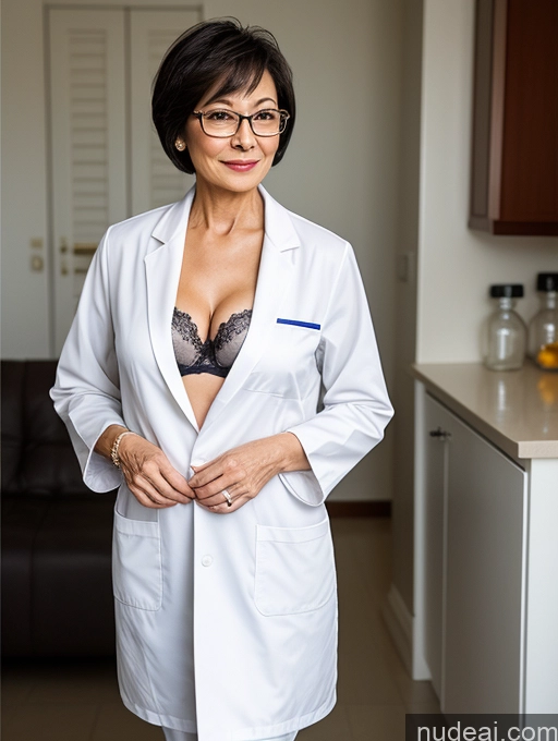 ai nude image of woman in white lab coat posing for picture in kitchen with counter pics of Milf Two Perfect Boobs Beautiful Glasses Perfect Body 70s Sexy Face Short Hair Chinese Bra Casual Doctor Lab Coat Cleavage Dark Lighting Detailed