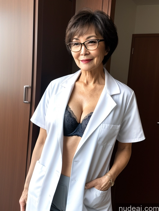 ai nude image of there is a woman in a lab coat and glasses posing for a picture pics of Milf Two Perfect Boobs Beautiful Glasses Perfect Body 70s Sexy Face Short Hair Chinese Bra Casual Doctor Lab Coat Cleavage Dark Lighting Detailed