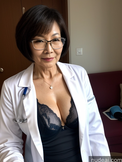 ai nude image of arafed woman in a lab coat and glasses sitting on a couch pics of Milf Two Perfect Boobs Beautiful Glasses Perfect Body 70s Sexy Face Short Hair Chinese Bra Casual Doctor Lab Coat Cleavage Dark Lighting Detailed