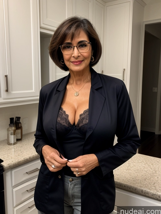 ai nude image of there is a woman in a black jacket and glasses posing for a picture pics of Milf Two Perfect Boobs Beautiful Glasses Perfect Body 70s Sexy Face Short Hair Bra Casual Doctor Lab Coat Cleavage Dark Lighting Detailed Arabic