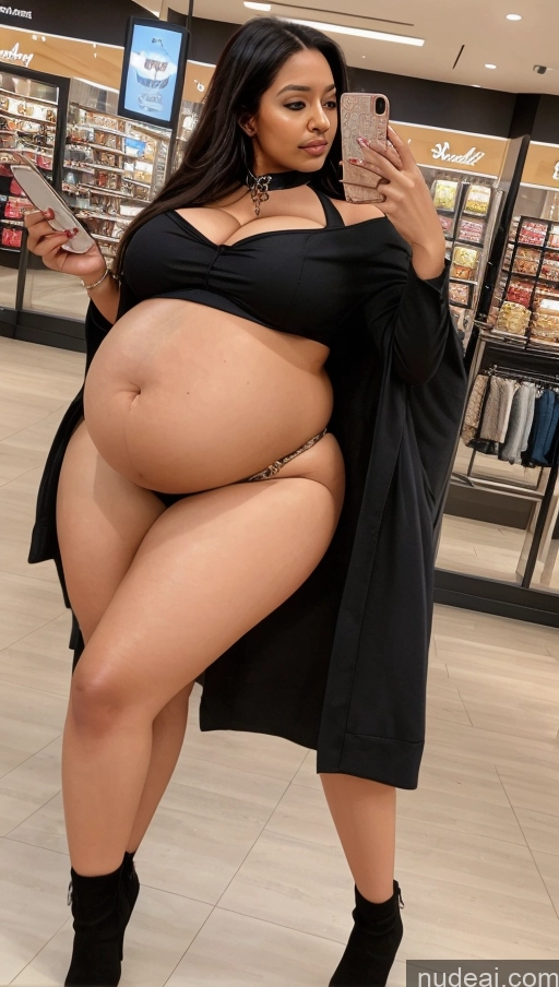 ai nude image of pregnant woman in black dress taking selfie in store with cell phone pics of Busty Pregnant Thick Big Ass Chubby Brunette Sexy Face Long Hair Black Mirror Selfie Mall Belly Inflation, Cuminflation, Overeating Choker Jeans