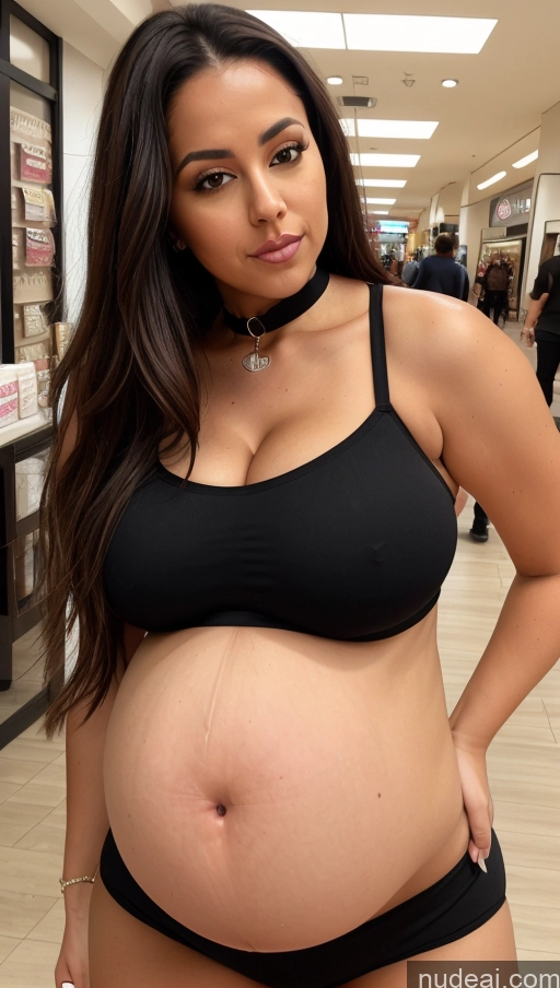 ai nude image of pregnant woman in black bikini posing for a picture in a store pics of Busty Pregnant Thick Big Ass Chubby Brunette Sexy Face Long Hair Black Mall Belly Inflation, Cuminflation, Overeating Choker Long Legs Bikini Crop Top Yoga Pants