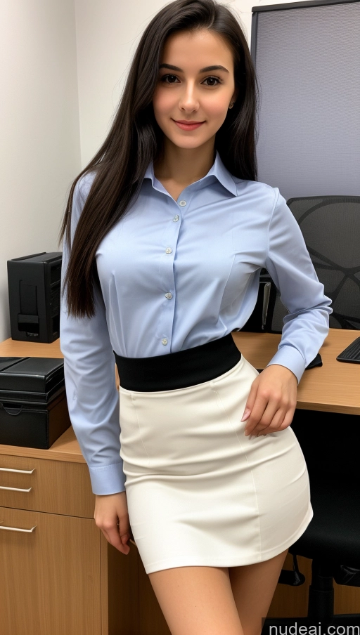 ai nude image of arafed woman in a blue shirt and white skirt posing for a picture pics of Small Tits Beautiful Skinny Small Ass 18 Black Hair Straight Russian Office Secretary Long Skirt Cleavage Detailed Shirt