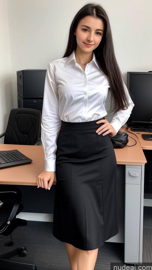 ai nude image of arafed woman in a skirt standing in front of a desk with a computer pics of Small Tits Beautiful Skinny Small Ass 18 Black Hair Straight Russian Office Long Skirt Cleavage Detailed Shirt Suit