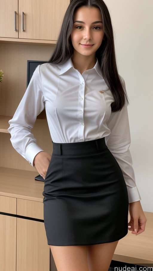 ai nude image of arafed woman in a skirt posing for a picture in a white shirt and black skirt pics of Small Tits Beautiful Skinny Small Ass 18 Black Hair Straight Russian Office Long Skirt Cleavage Detailed Shirt Suit