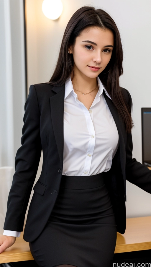 ai nude image of there is a woman in a black skirt and a white shirt pics of Small Tits Beautiful Skinny Small Ass 18 Black Hair Straight Russian Office Long Skirt Cleavage Detailed Shirt Suit