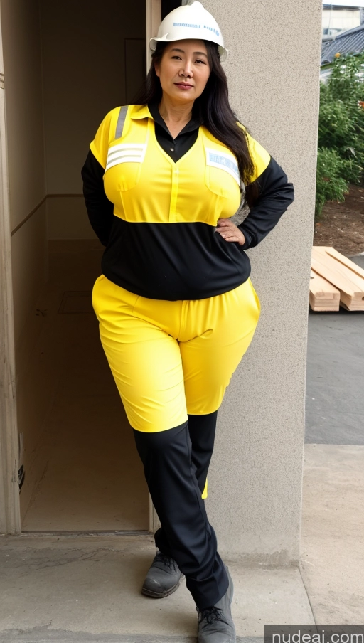 ai nude image of arafed woman in a yellow and black outfit standing in front of a building pics of Milf Busty Big Hips Big Ass Pubic Hair Fairer Skin Long Hair Black Hair Pantylines Korean Construction Worker 60s