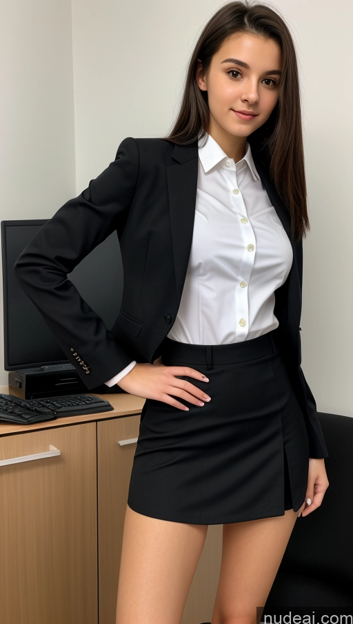 ai nude image of there is a woman in a skirt and a white shirt posing for a picture pics of Small Tits Beautiful Skinny Small Ass 18 Black Hair Straight Russian Office Long Skirt Detailed Shirt Suit