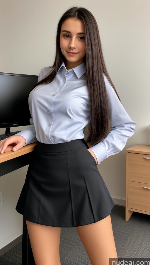 ai nude image of arafed woman in a skirt posing in front of a computer pics of Small Tits Beautiful Skinny Small Ass 18 Black Hair Straight Russian Office Long Skirt Detailed Shirt Suit