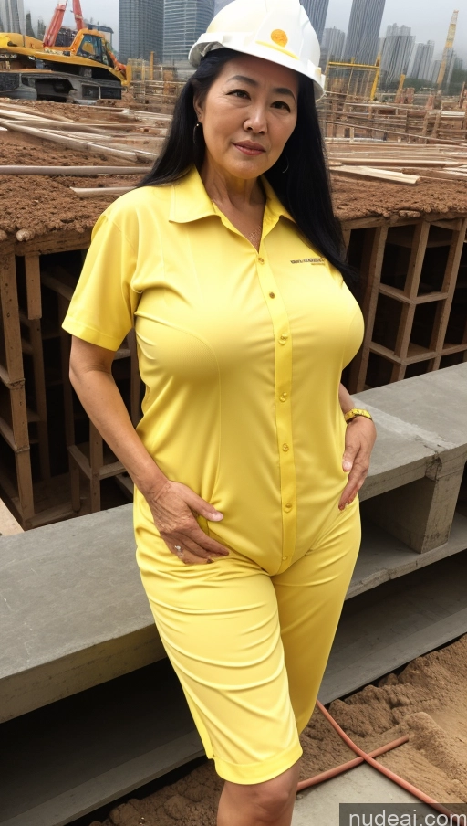 ai nude image of arafed woman in a yellow shirt and shorts standing in front of a construction site pics of Milf Busty Big Hips Big Ass Pubic Hair Fairer Skin Long Hair Black Hair Pantylines Korean Construction Worker 70s