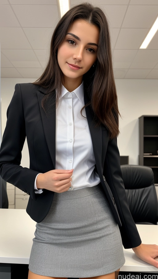 ai nude image of arafed woman in a skirt and a white shirt posing for a picture pics of Small Tits Beautiful Skinny Small Ass 18 Black Hair Straight Russian Office Detailed Shirt Suit Mini Skirt