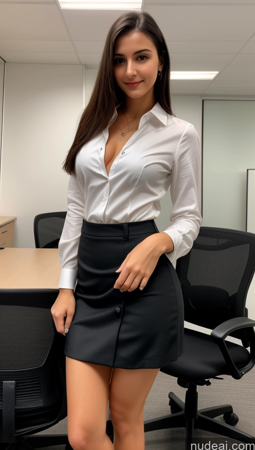 ai nude image of arafed woman in a skirt posing in an office pics of Small Tits Beautiful Skinny Small Ass 18 Black Hair Straight Russian Office Detailed Shirt Suit Mini Skirt Cleavage