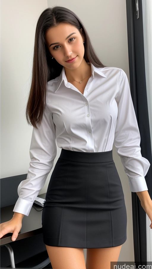 ai nude image of arafed woman in a skirt posing for a picture in a white shirt pics of Small Tits Beautiful Skinny Small Ass 18 Black Hair Straight Russian Office Detailed Shirt Suit Mini Skirt Cleavage