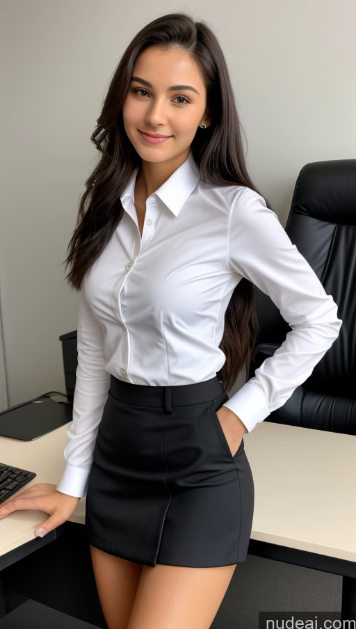 ai nude image of arafed woman in a skirt and shirt posing in front of a laptop pics of Small Tits Beautiful Skinny Small Ass 18 Black Hair Straight Russian Office Detailed Shirt Suit Mini Skirt Cleavage Jacket