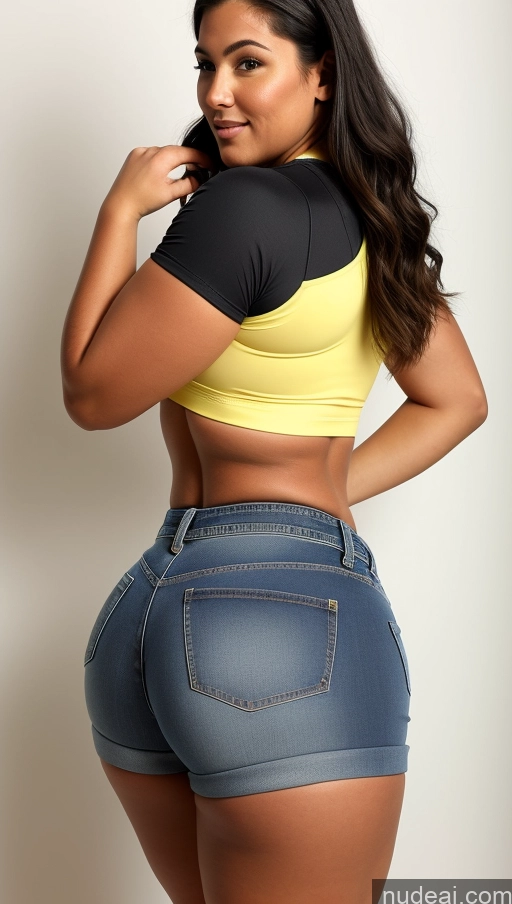 ai nude image of araffe woman in a yellow top and blue jeans posing for a picture pics of Athlete Big Ass Big Hips Jeans Short Shorts