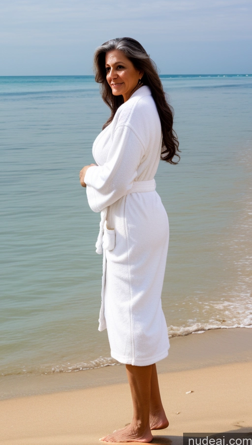 ai nude image of woman in white robe standing on beach with ocean in background pics of Milf One Busty Big Ass 70s Brunette Long Hair Indian Bathrobe Beach Micro Skirt